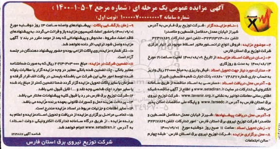 مزایده فروش انواع ترانسفورماتور اسقاط