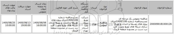 مناقصه عمومی یک مرحله ای تجدیدمناقصه شماره 1400/106اجرای پروژه های توسعه و احداث و بهینه سازی شبکه های توزیع بصورت کلید درد دست در محدوده  منطقه قرچک