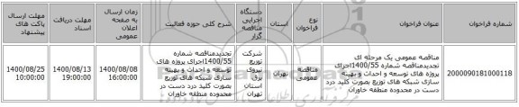 مناقصه عمومی یک مرحله ای تجدیدمناقصه شماره 1400/55اجرای پروژه های توسعه و احداث و بهینه سازی شبکه های توزیع بصورت کلید درد دست در محدوده  منطقه خاوران