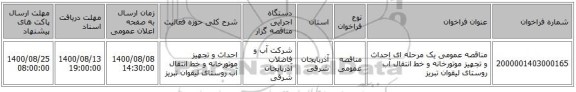 مناقصه عمومی یک مرحله ای احداث و تجهیز موتورخانه و خط انتقال آب روستای لیقوان تبریز
