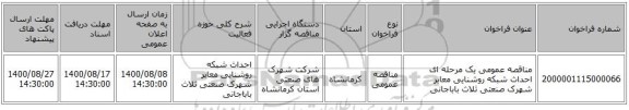مناقصه عمومی یک مرحله ای احداث شبکه روشنایی معابر شهرک صنعتی ثلاث باباجانی