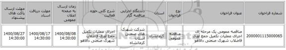 مناقصه عمومی یک مرحله ای اجرای عملیات تکمیل جمع آوری فاضلاب شهرک صنعتی دالاهو