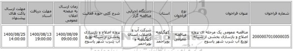 مناقصه عمومی یک مرحله ای پروژه اصلاح و بازسازی بخشی از شبکه توزیع آب شرب شهر یاسوج