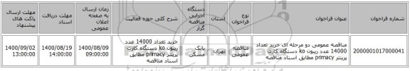 مناقصه عمومی دو مرحله ای خرید تعداد 14000 عدد ریبون ko دستگاه کارت پرینتر primacy مطابق اسناد مناقصه 
