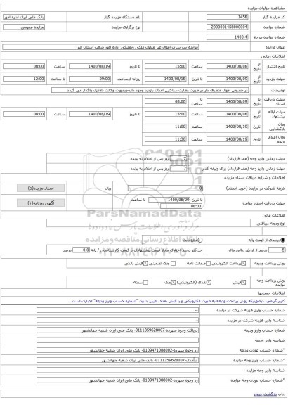 مزایده سراسری اموال غیر منقول ملکی وتملیکی اداره امور شعب استان البرز