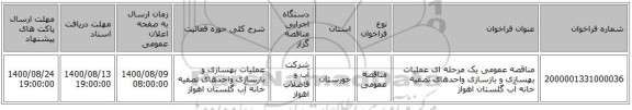 مناقصه عمومی یک مرحله ای عملیات بهسازی و بازسازی واحدهای تصفیه خانه آب گلستان اهواز