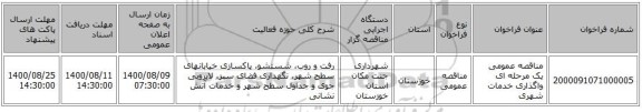 مناقصه عمومی یک مرحله ای واگذاری خدمات شهری