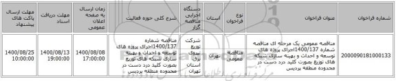 مناقصه عمومی یک مرحله ای مناقصه شماره 1400/137اجرای پروژه های توسعه و احداث و بهینه سازی شبکه های توزیع بصورت کلید درد دست در محدوده  منطقه پردیس