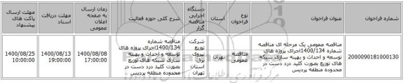مناقصه عمومی یک مرحله ای مناقصه شماره 1400/134اجرای پروژه های توسعه و احداث و بهینه سازی شبکه های توزیع بصورت کلید درد دست در محدوده  منطقه پردیس