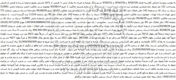 آگهی مزایده مششدانگ عرصه و اعیان به پلاک ثبتی 1 فرعی از 1071 اصلی مفروز و مجزا شده