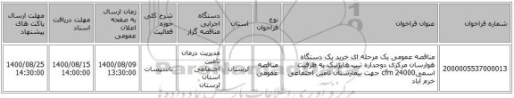 مناقصه عمومی یک مرحله ای خرید یک دستگاه هوارسان مرکزی دوجداره تیپ هایژنیک به ظرفیت اسمیcfm 24000 جهت بیمارستان تامین اجتماعی خرم آباد