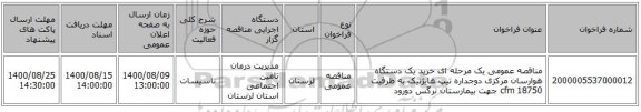 مناقصه عمومی یک مرحله ای خرید یک دستگاه هوارسان مرکزی دوجداره تیپ هایژنیک به ظرفیت cfm 18750 جهت بیمارستان نرگس دورود