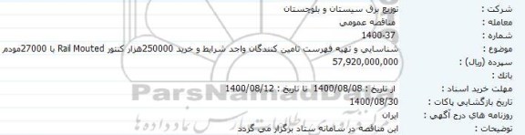 مناقصه شناسایی و تهیه فهرست تامین کنندگان واجد شرایط و خرید 250000هزار کنتور Rail Mouted با 27000مودم 