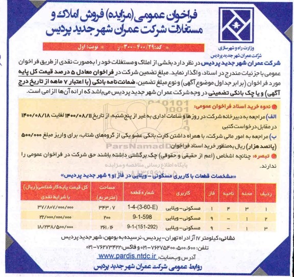 مزایده مزایده فروش املاک و مستغلات کاربری مسکونی نوبت اول