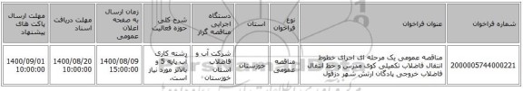 مناقصه عمومی یک مرحله ای اجرای خطوط انتقال فاضلاب تکمیلی کوی مدرس و خط انتقال فاضلاب خروجی پادگان ارتش شهر دزفول