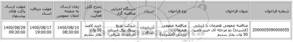 مناقصه عمومی همزمان با ارزیابی (فشرده) دو مرحله ای خرید لامپ 50 وات بخار سدیم