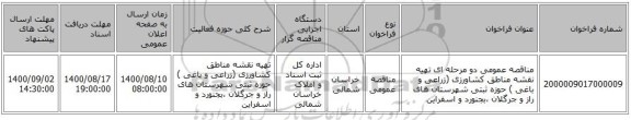 مناقصه عمومی دو مرحله ای تهیه نقشه مناطق کشاورزی (زراعی و باغی ) حوزه ثبتی شهرستان های راز و جرگلان ،بجنورد و اسفراین