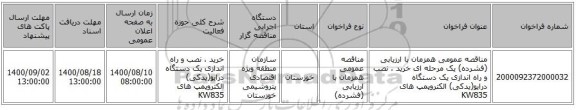 مناقصه عمومی همزمان با ارزیابی (فشرده) یک مرحله ای  خرید ، نصب و راه اندازی یک دستگاه درایو(یدکی) الکتروپمپ های KW835