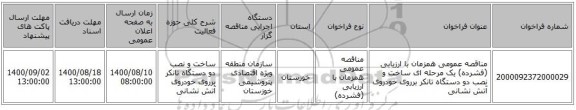 مناقصه عمومی همزمان با ارزیابی (فشرده) یک مرحله ای ساخت و نصب دو دستگاه تانکر برروی خودروی آتش نشانی