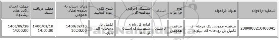 مناقصه عمومی یک مرحله ای تکمیل پل رودخانه ای بلیلوند