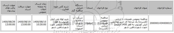 مناقصه عمومی همزمان با ارزیابی (فشرده) یک مرحله ای خرید لوله پلی اتیلن کورتیوپ به قطر 1400 میلیمتر جهت شهرشاهین شهر 