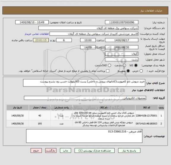 استعلام خرید درپوش نانو کامپوزیت(کانالهای بیرونی و داخلی) پست 63کیلوولت حسن رود بشرح پیوست