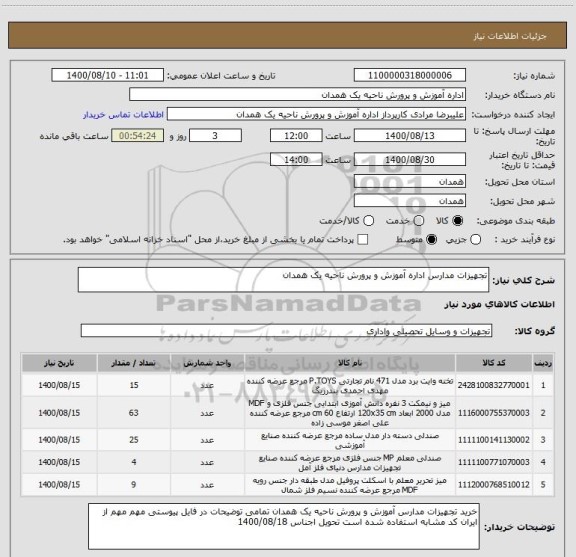 استعلام تجهیزات مدارس اداره آموزش و پرورش ناحیه یک همدان 