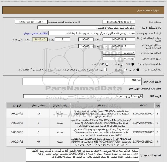 استعلام کیت hbs 