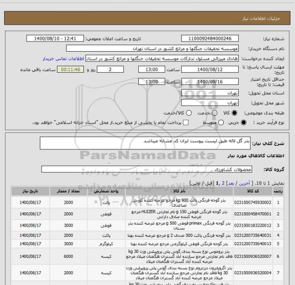 استعلام بذر گل لاله طبق لیست پیوست ایران کد مشابه میباشد