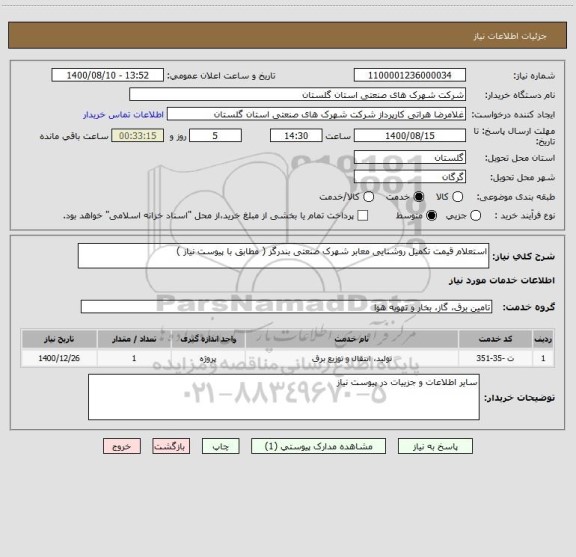 استعلام استعلام قیمت تکمیل روشنایی معابر شهرک صنعتی بندرگز ( مطابق با پیوست نیاز )
