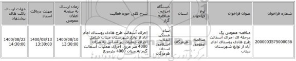 مناقصه عمومی یک مرحله ای اجرای آسفالت طرح هادی روستای امام آباد از توابع شهرستان میناب 