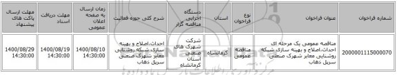 مناقصه عمومی یک مرحله ای احداث،اصلاح و بهینه سازی شبکه روشنایی معابر شهرک صنعتی سرپل ذهاب