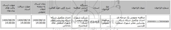 مناقصه عمومی یک مرحله ای احداث وتکمیل شبکه شبکه روشنایی معابر شهرک صنعتی هرسین