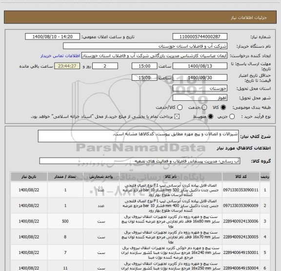 استعلام شیرالات و اتصالات و پیچ مهره مطابق پیوست. کدکالاها مشابه است.