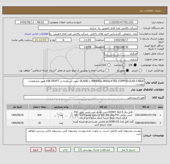 استعلام MINERAL-INSULATED COPPER-CLAD CABLE با GLAND جهت استفاده در AIR CRAFT طبق مشخصات پیوست.