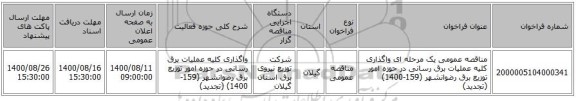 مناقصه عمومی یک مرحله ای واگذاری کلیه عملیات برق رسانی در حوزه امور توزیع برق رضوانشهر (159-1400) (تجدید)