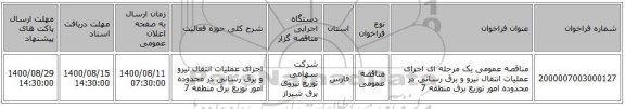 مناقصه عمومی یک مرحله ای اجرای عملیات انتقال نیرو و برق رسانی در محدوده امور توزیع برق منطقه 7