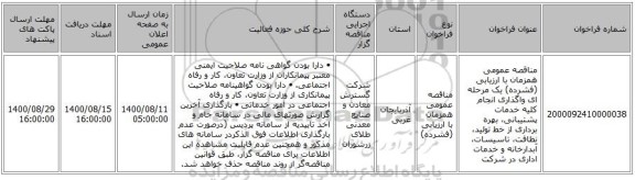مناقصه عمومی همزمان با ارزیابی (فشرده) یک مرحله ای واگذاری انجام کلیه خدمات پشتیبانی، بهره برداری از خط تولید، نظافت، تاسیسات، آبدارخانه و خدمات اداری در شرکت