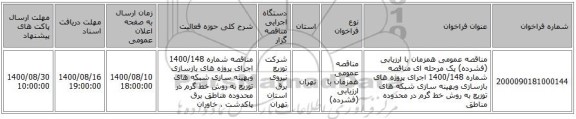 مناقصه عمومی همزمان با ارزیابی (فشرده) یک مرحله ای مناقصه شماره 1400/148 اجرای پروژه های بازسازی وبهینه سازی شبکه های توزیع به روش خط گرم در محدوده مناطق