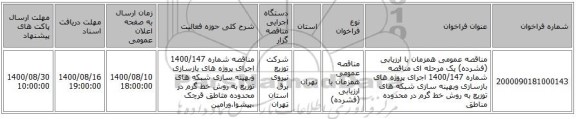 مناقصه عمومی همزمان با ارزیابی (فشرده) یک مرحله ای مناقصه شماره 1400/147 اجرای پروژه های بازسازی وبهینه سازی شبکه های توزیع به روش خط گرم در محدوده مناطق