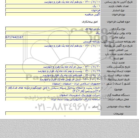 احداث پست و  اصلاح ساختار شبکه سیمی با کابل خودنگهدار محله های فدک(فاز ۱ تا ۴) و پردیس (فاز ۳ تا ۴)