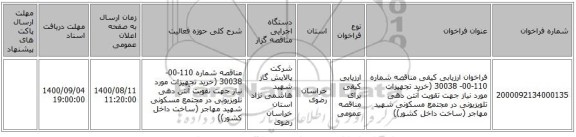 فراخوان ارزیابی کیفی مناقصه شماره 110-00- 30038 (خرید تجهیزات مورد نیاز جهت تقویت آنتن دهی تلویزیونی در مجتمع مسکونی شهید مهاجر (ساخت داخل کشور))