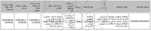 مناقصه عمومی همزمان با ارزیابی (فشرده) یک مرحله ای انجام خدمات حجمی اداری و مالی و واگذاری کارهای مربوط به نظافت و سرویس دهی آبدارخانه 