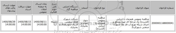 مناقصه عمومی همزمان با ارزیابی (فشرده) یک مرحله ای تهیه مصالح و اجرای شبکه توزیع آب فاز اول شهرک صنعتی شهرکرد2