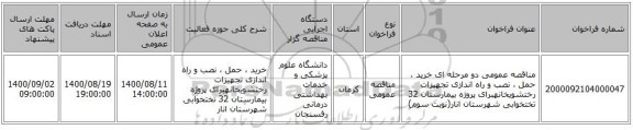 مناقصه عمومی دو مرحله ای خرید ، حمل ، نصب و راه اندازی تجهیزات رختشویخانهبرای پروژه بیمارستان 32 تختخوابی شهرستان انار(نوبت سوم)
