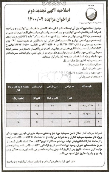 اصلاحیه تجدید دوم فراخوان ، اصلاحیه تجدید دوم فراخوان احداث نیروگاه برق آبی ایستگاه فشار شکن ساختگاه های منتخب