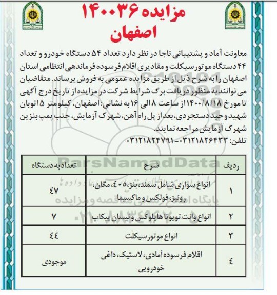 مزایده، مزایده فروش تعداد 54 دستگاه خودرو و تعداد 44 دستگاه موتورسیکلت و مقادیری اقلام فرسوده