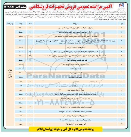 مزایده فروش کلیه تجهیزات و اقلام فروشگاهی