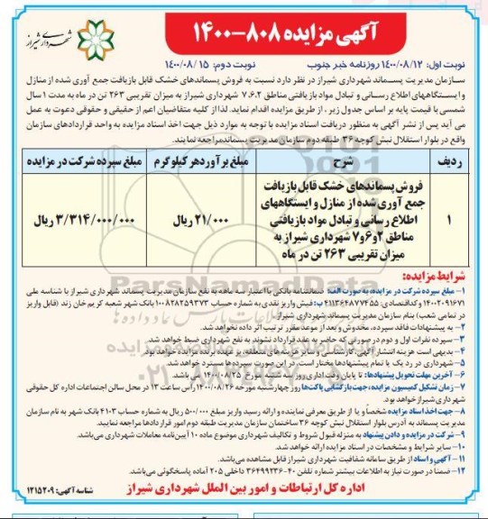 مزایده، مزایده فروش پسماندهای خشک قابل بازیافت... 