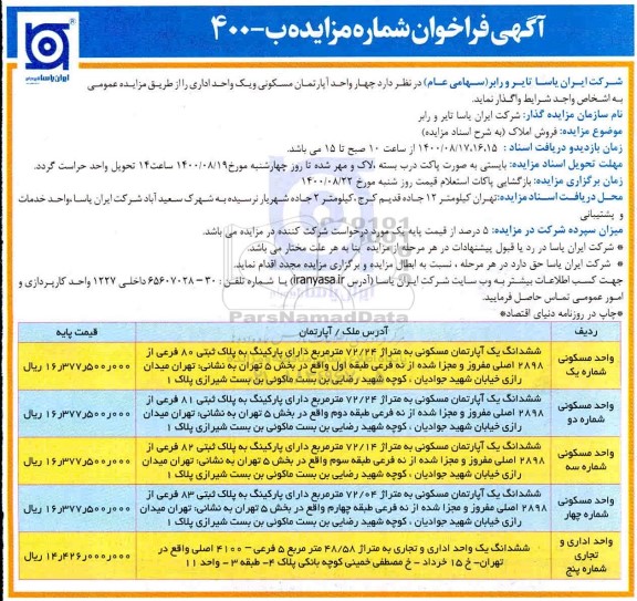 مزایده مزایده فروش املاک آپارتمان مسکونی و اداری
